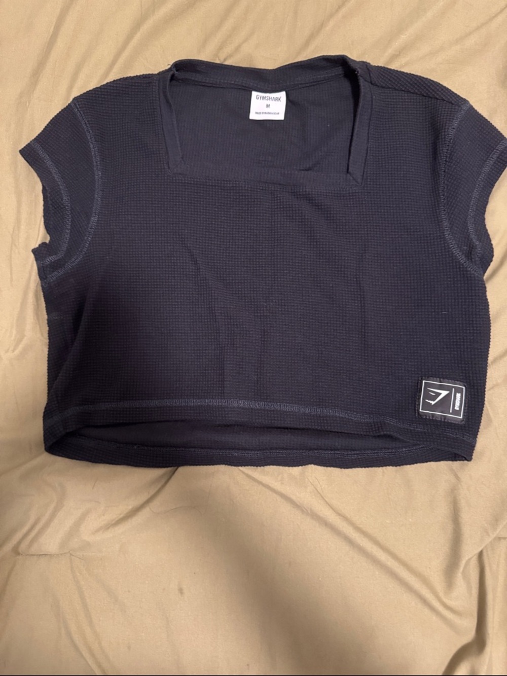 Gymshark Black Waffle Crop Tee with Logo Patch